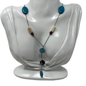 Silver Tone Necklace Teal Blue Tan Beads Lariat Choker